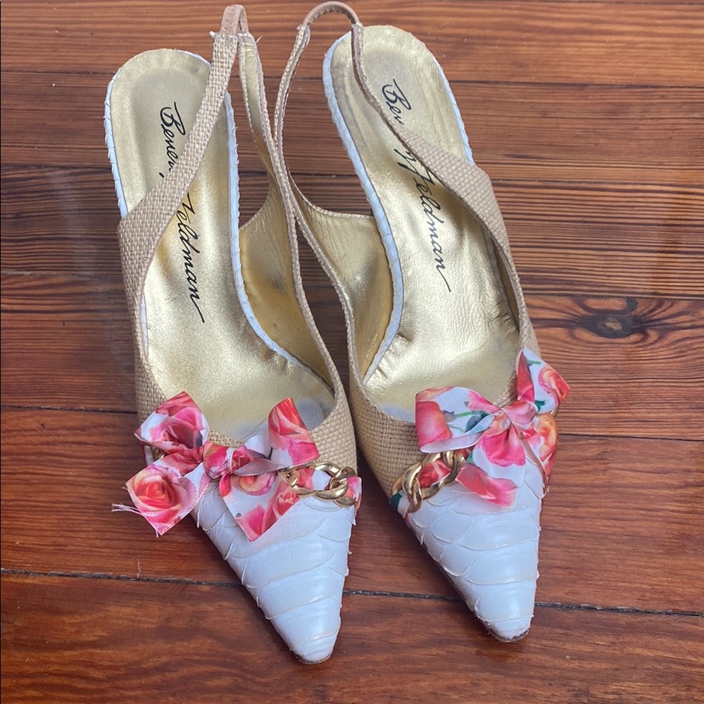 Beverly Feldman Tan and White Slingback Heels with Pointed Toe